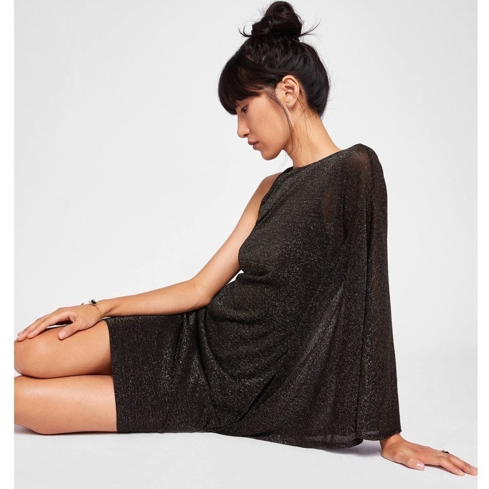 TED BAKER 70s One Shoulder Batwing Sleeve Gold Metallic Shimmer Cocktail Dress 8